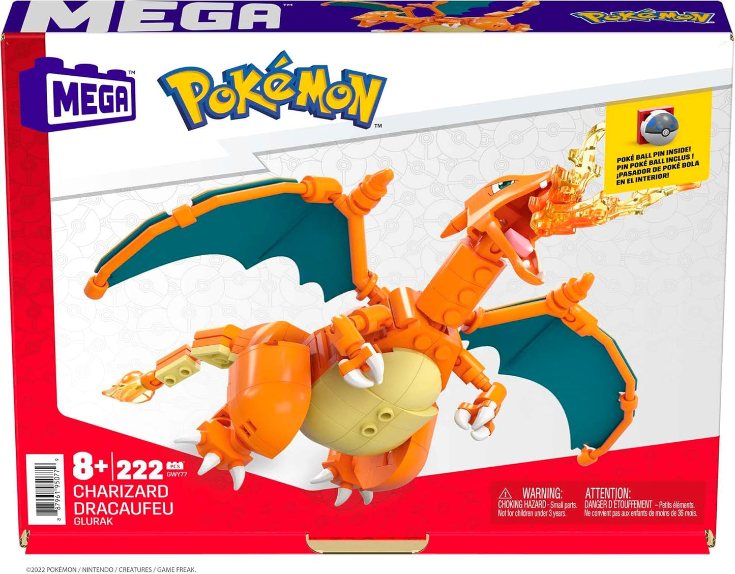 MEGA Figura de ação Pokémon, Pokémon Charizard, brinquedos de construção para crianças e adultos, modelo de personagem colecionável com 222 peças e alfinete de pokébola, 10 cm de altura, brinquedo para maiores de 8 anos,