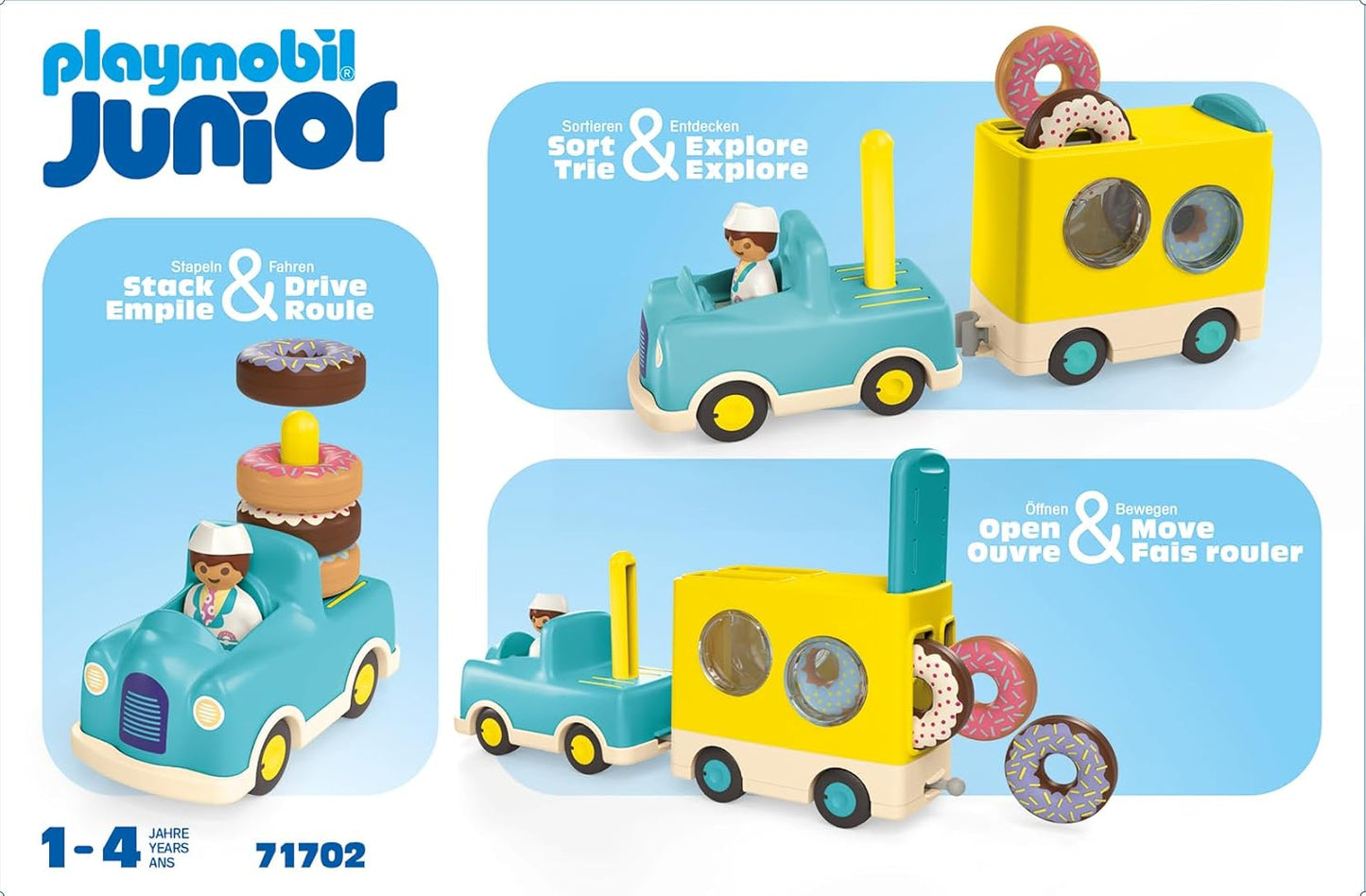 Playmobil 71702 JUNIOR: Crazy Donut Truck com recurso de empilhamento e classificação, brinquedos educativos, feitos de mais de 90% de plásticos à base de plantas, brinquedo para presentear, adequado para crianças de 12 anos