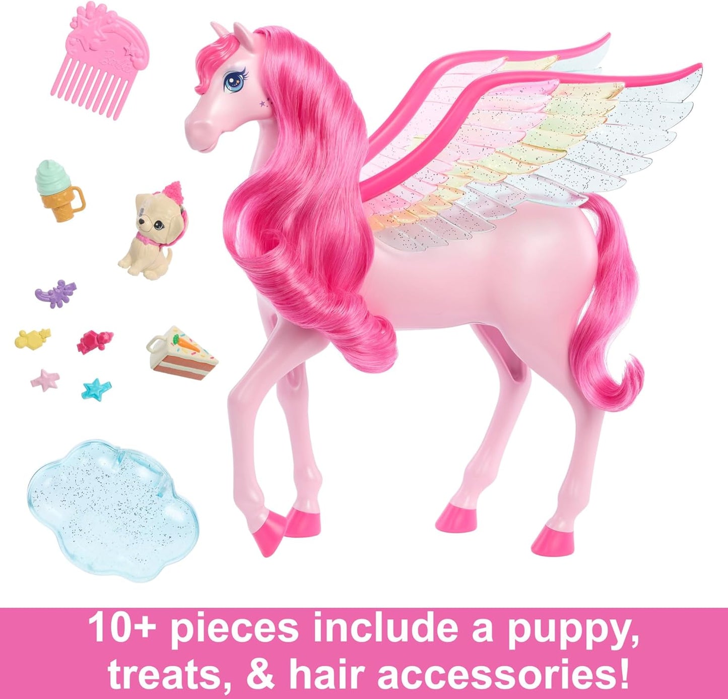 Barbie Um Toque de Mágica Pégaso, Pégaso Rosa com Cabelo Rosa e Asas de Arco-Íris, Luzes e Sons, Cachorrinho de Brinquedo, 10 Acessórios de Brinquedo, Brinquedos para Idades de 3 e Acima, Uma Barbie Pégaso, HLC41