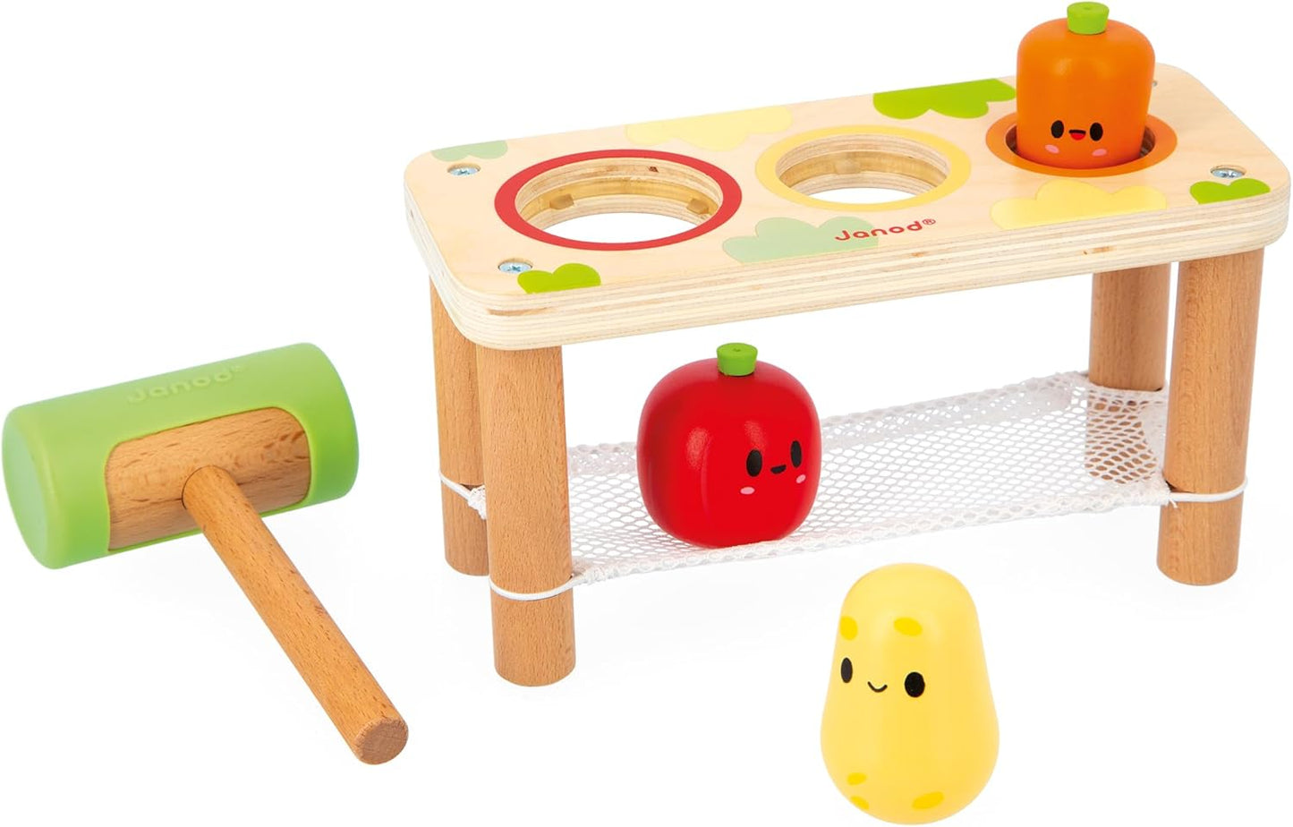 Janod Whack-A-Farm Game-Brinquedo de aprendizagem precoce para crianças-3 vegetais de jardim + 1 martelo-desenvolve habilidades motoras finas-Brinquedo de madeira FSC-12 meses +, J03309, multicolorido