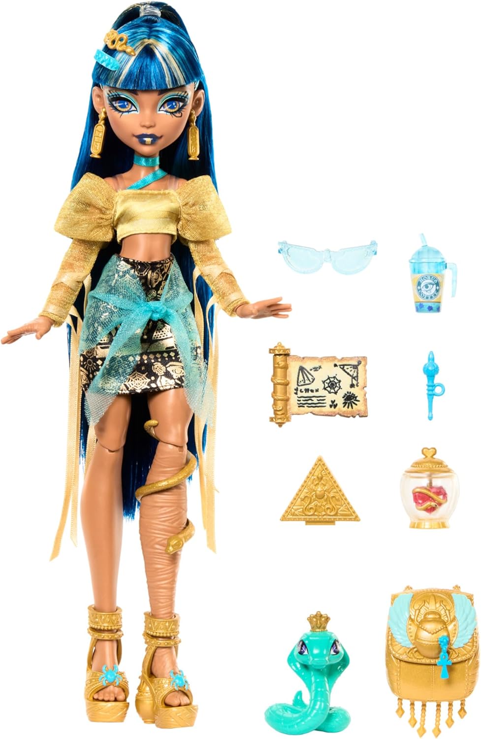 Monster High Boneca Cleo De Nile em blusa dourada e saia em camadas, inclui hissette de cobra de estimação e acessórios como mochila, lanche e pergaminho, HXH74