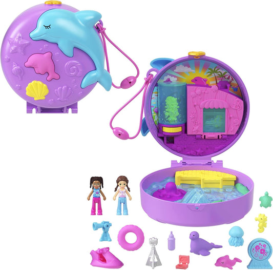 Polly Pocket Dolls and Playset, Dolphin Rescue & Play Compact, Animal Toy with 2 Micro Dolls, Sea Pets, Ocean Accessories