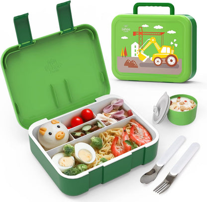 Lehoo Castle Lancheira infantil Bento, lancheira com 5 compartimentos, recipientes de almoço de 1,25L com pote de molho, colher e garfo para meninos e meninas, escola, à prova de vazamentos, sem BPA (dinossauro)