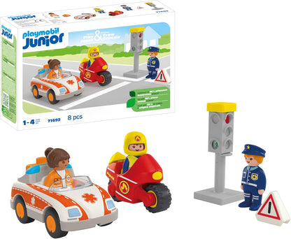 PLAYMOBIL 71692 JUNIOR: Everyday Heroes, including woman doctor, firefighter, and police officer, sustainable toy made from plant-based plastics, gifting toy