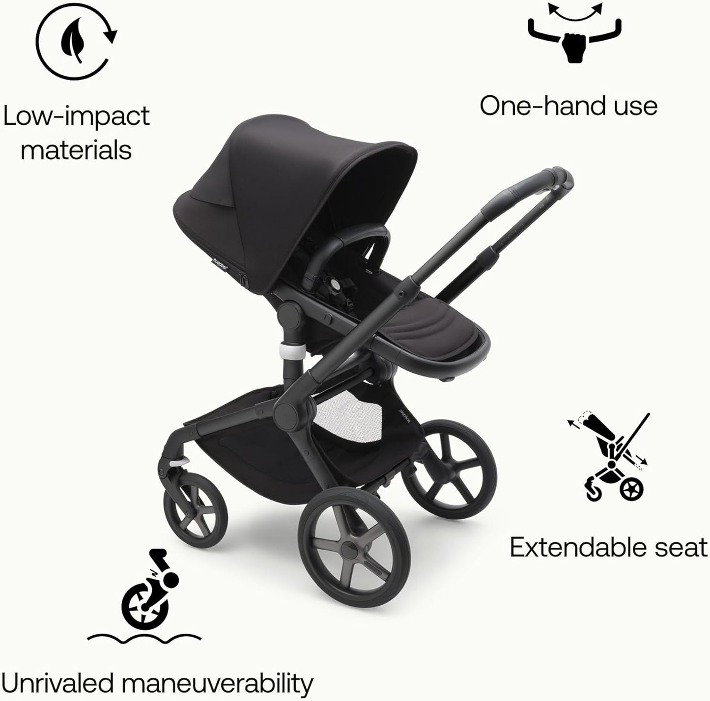 Bugaboo Carrinho de passeio Fox 5 All-Terrain, carrinho de bebê 2 em 1 com suspensão total, dobra fácil, berço espaçoso, assento extensível para crianças pequenas, manobrabilidade com uma mão, chassi preto e capota de sol preta