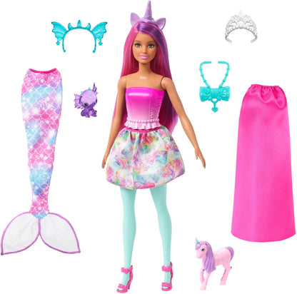 Barbie Boneca, brinquedos de sereia, roupas e acessórios Barbie, conjunto de fantasia, bebê unicórnio e dragão de estimação, HLC28