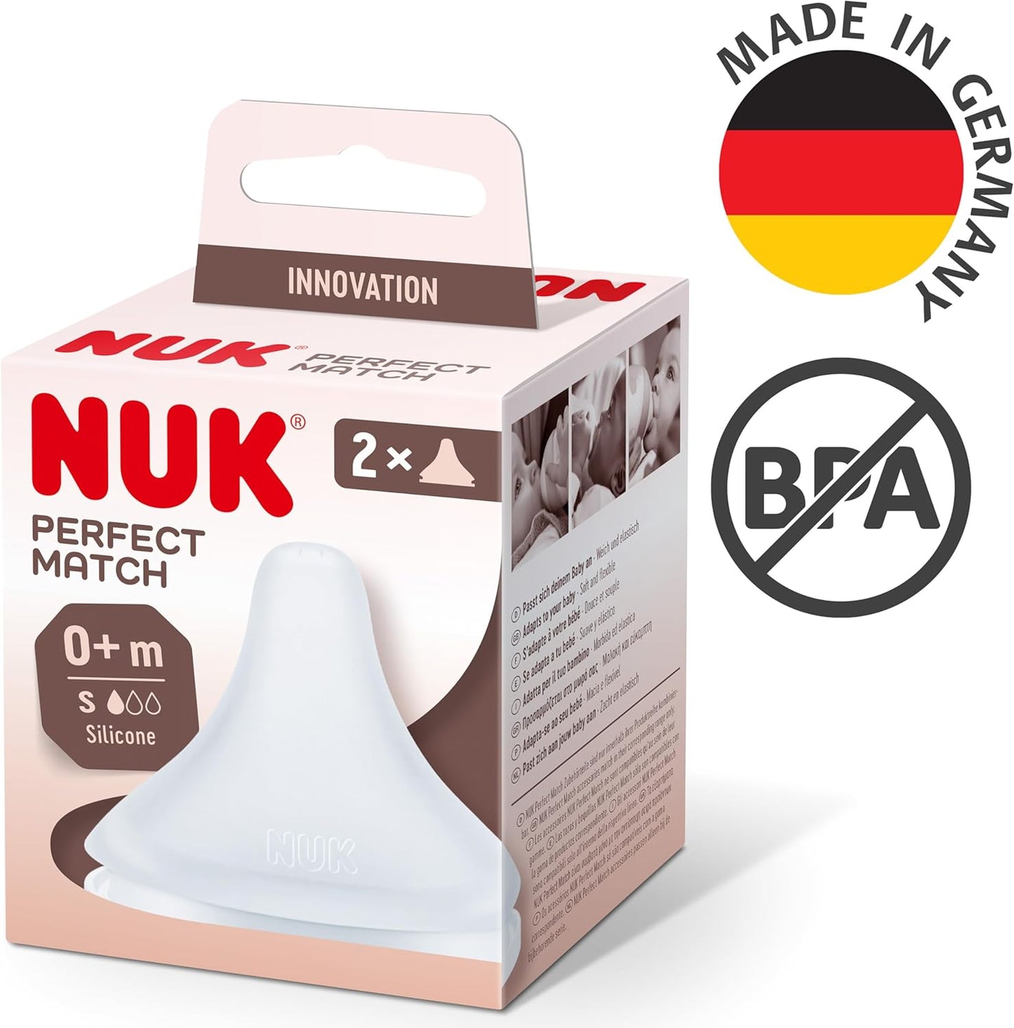 NUK Tetinas de mamadeira Perfect Match | 0+ meses | Adapta-se ao paladar do bebê | Ventilação anticólica | Sem BPA | Tetina de silicone pequena para mamadeiras | 2 unidades