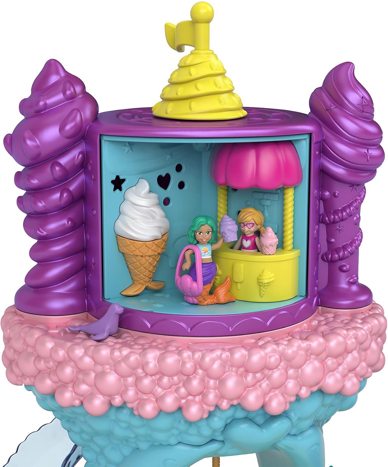 Polly Pocket Conjunto de brinquedos Rainbow Funland Mermaid Cove Ride, bonecas Polly e sereia, 15 acessórios, recurso de dispensador para surpresas