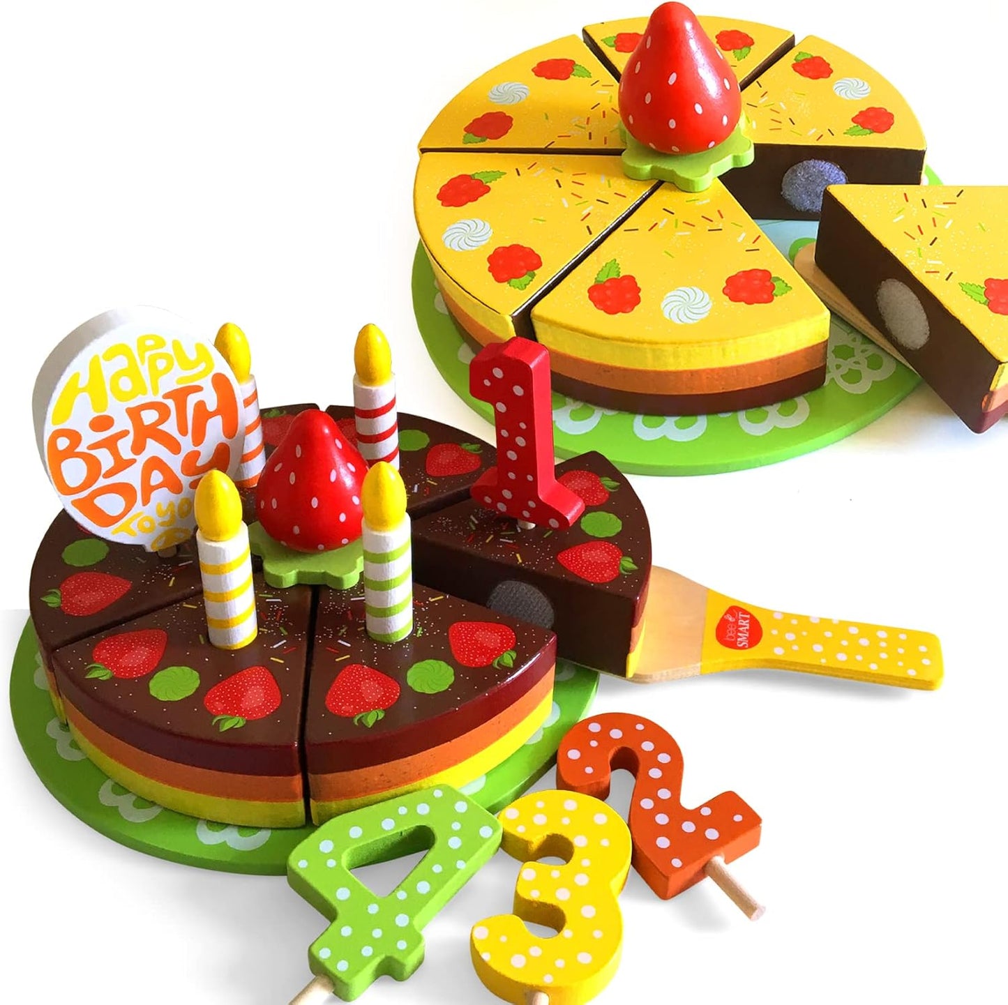 Bee Smart Conjunto de bolo de aniversário de madeira - 18 peças | Conjunto infantil com fatiador, velas, frutas, decorações, pratos e acessórios | Kit de cozinha para dramatização infantil e brincadeiras imaginárias