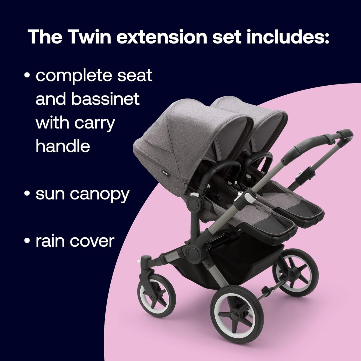 Conjunto de extensão dupla Bugaboo Donkey 5, converte seu Donkey 5 Mono em um carrinho duplo, lado a lado, design aprimorado, assento reversível e direção com uma mão, melange cinza