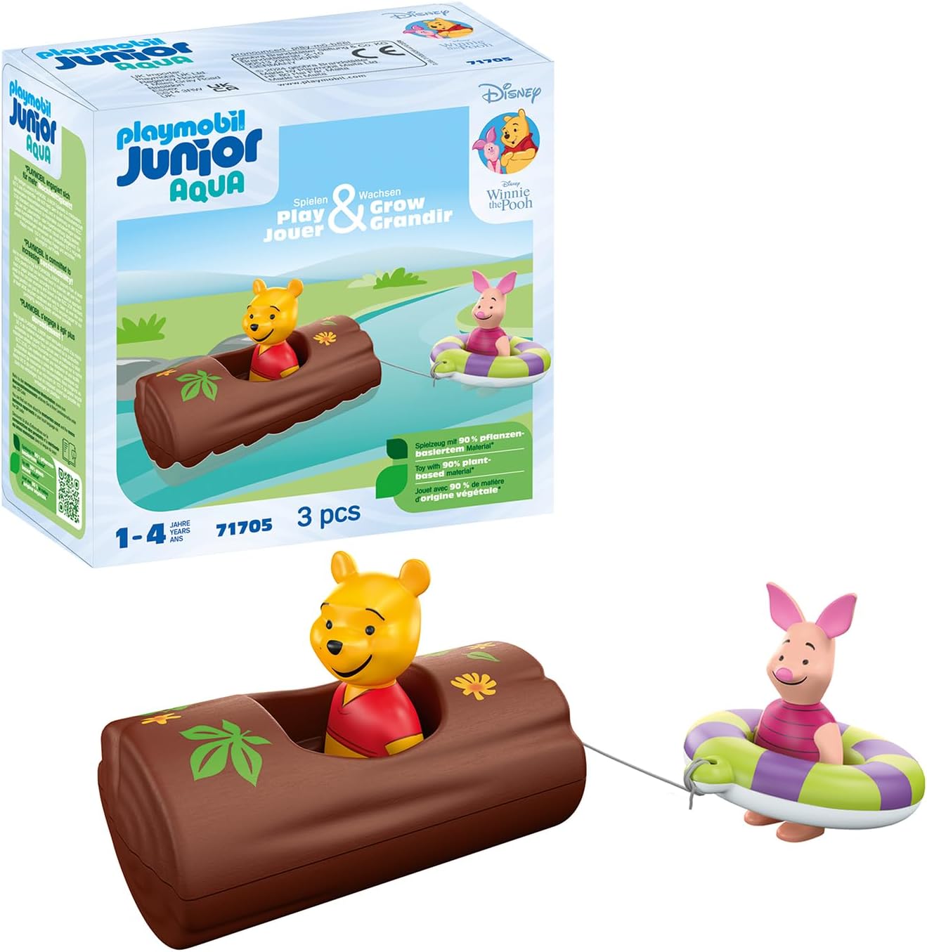 PLAYMOBIL 71705 JUNIOR e Disney: Winnie the Pooh's & Piglet's Water Adventure, incluindo barco e anel de natação, brinquedo sustentável feito de plástico à base de plantas