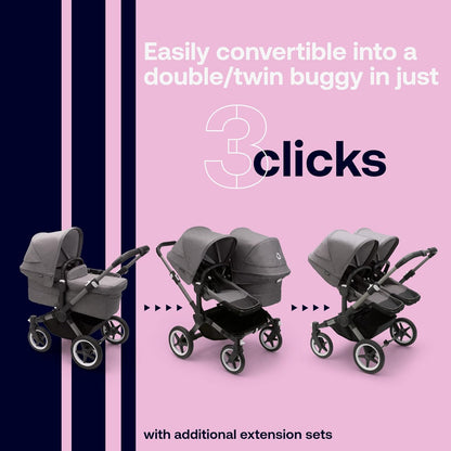 Bugaboo Donkey 5 Mono, conversível em carrinho duplo lado a lado, design aprimorado, assento reversível, direção com uma mão e cesta lateral, grafite/cinza melange