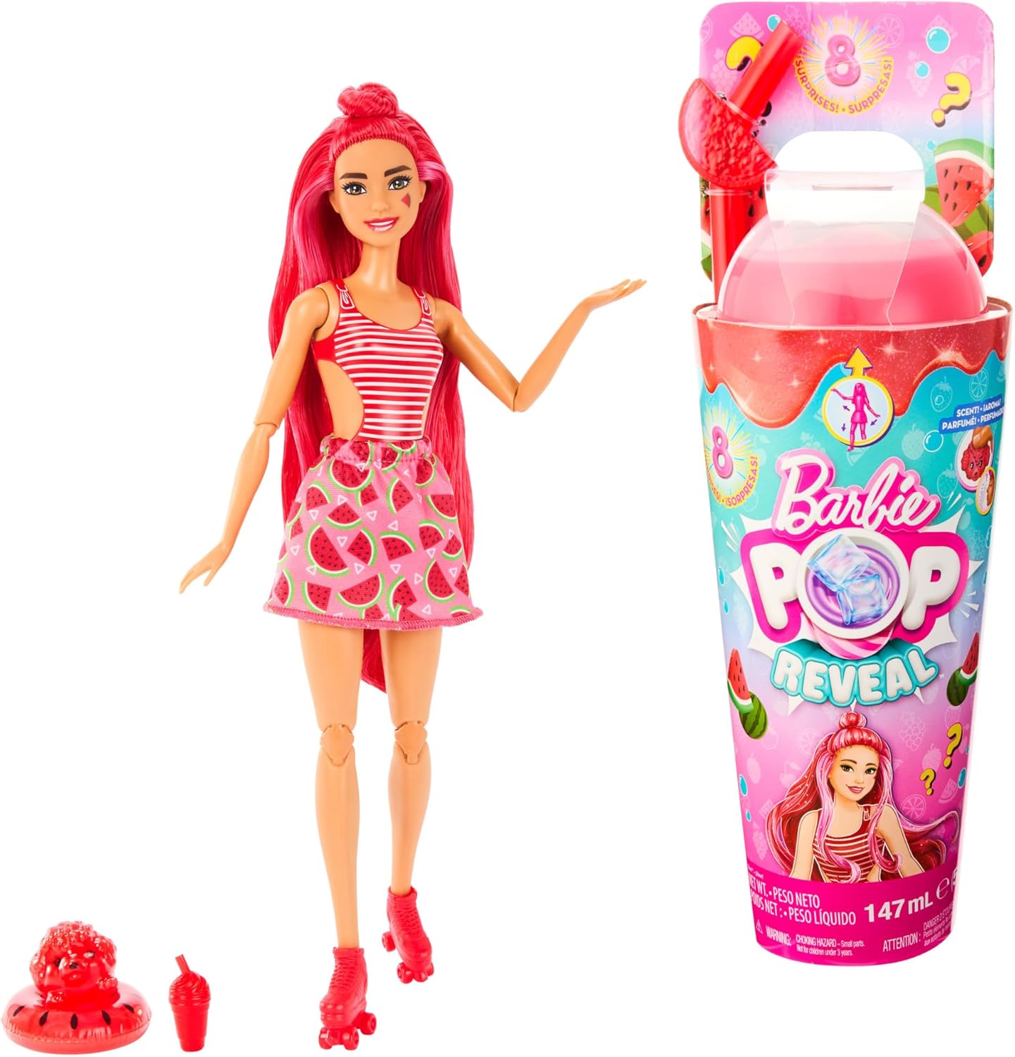 Muñeca Barbie Pop Reveal Fruit Series, tema Sandía Crush con 8 sorpresas que incluyen mascotas y accesorios, limo, perfume y cambio de color, HNW43