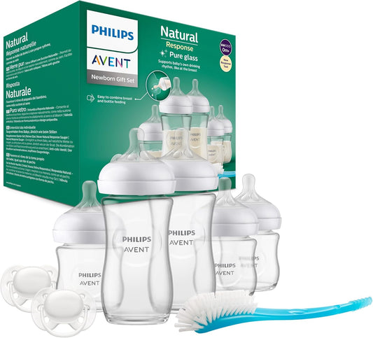 Philips Avent Set de biberones de cristal para recién nacido Avent Natural Response - 5 biberones, 2 chupetes Philips Avent Ultra Soft de 0 a 6 meses, cepillo para biberones, sin BPA (modelo SCD879/11)