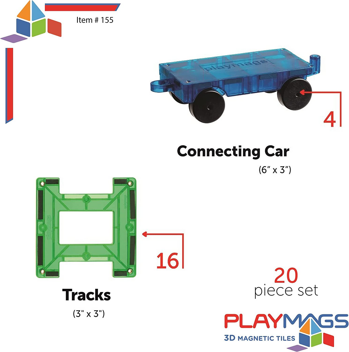 Playmags Conjunto de trem de ladrilhos magnéticos - 20 peças de ladrilhos magnéticos para crianças - conjunto de blocos de construção magnéticos inclui 4 trens, ímãs mais fortes, complemento de blocos de construção - brinquedos STEM para crianças