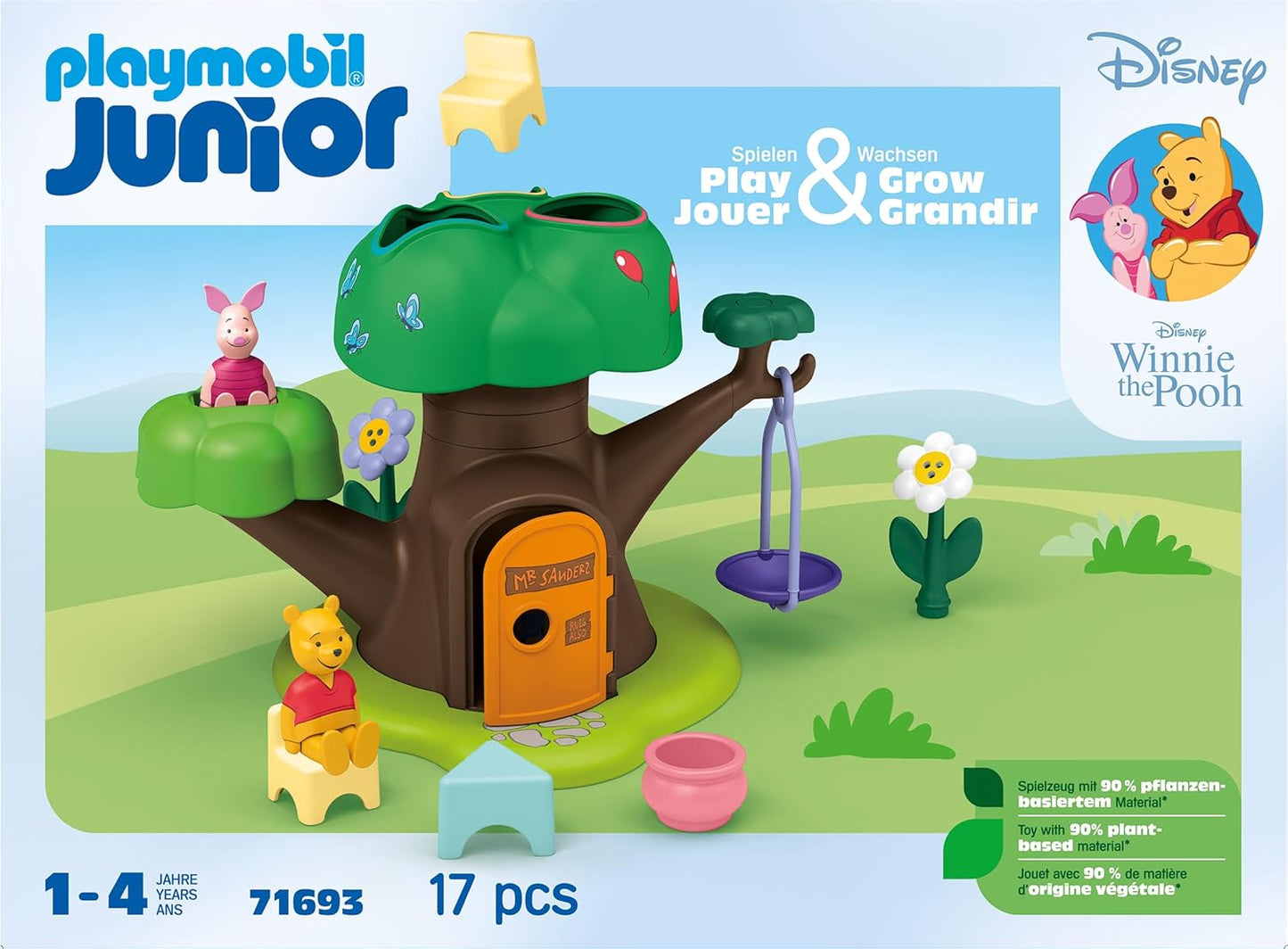 Playmobil 71693 JUNIOR e Disney: Winnie the Pooh's & Piglet's Tree House, incluindo balanço, brinquedo sustentável feito de plástico à base de plantas, brinquedo para presente