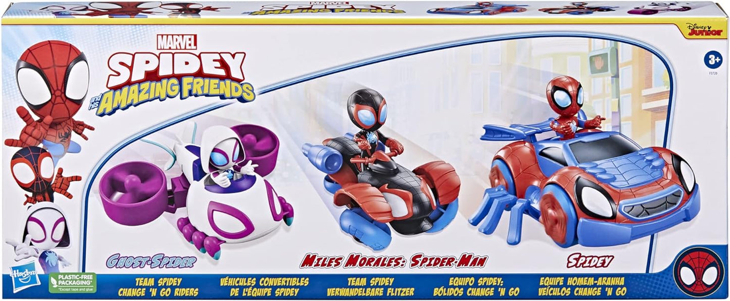 SPIDEY AND HIS AMAZING FRIENDS Hasbro Marvel Spidey e sua incrível equipe de amigos Spidey Change ‘N Go Riders Brinquedo pré-escolar, 3 veículos e bonecos, 3 anos mais