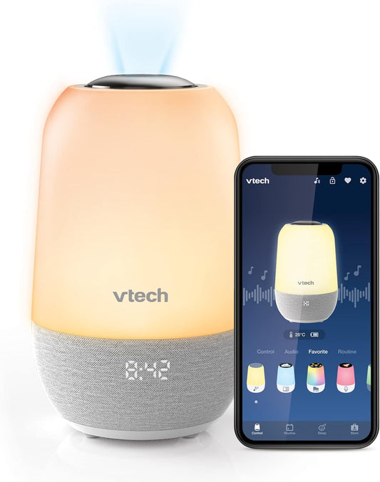 VTech BC8313 V-Hush Pro Entrenador de sueño relajante con más de 100 historias/canciones/sonidos, altavoz portátil Bluetooth HD, luz nocturna multicolor, proyector de techo y graba tu propia voz, blanco, talla única