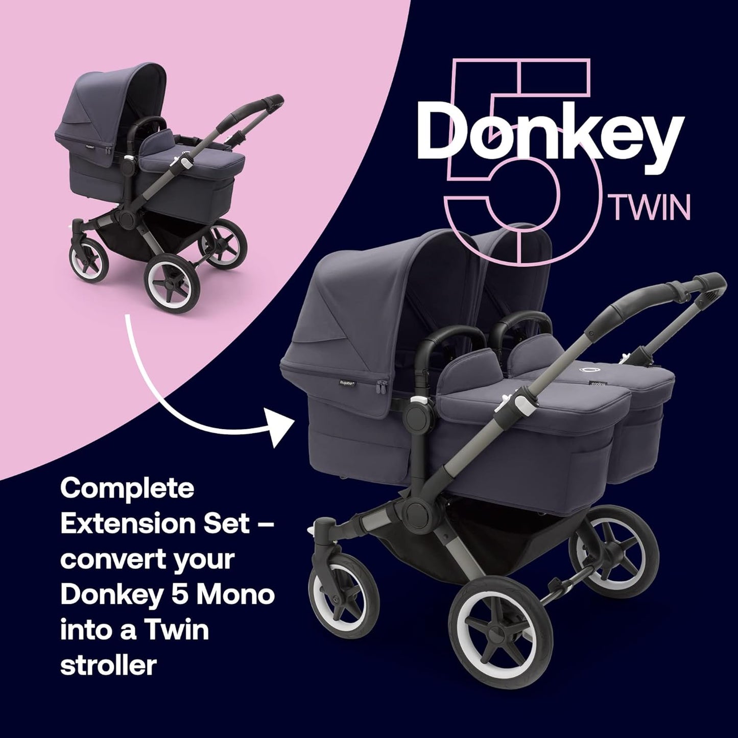 Conjunto de extensão Twin Bugaboo Donkey 5, converte seu Donkey 5 Mono em um carrinho duplo, lado a lado, design aprimorado, assento reversível e direção com uma mão, Stormy Blue