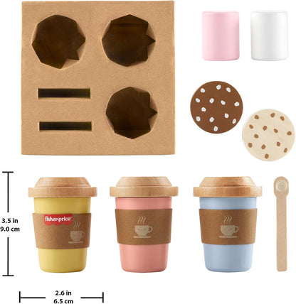 Fisher-Price Juego de café de viaje de madera para juguete preescolar, 15 piezas de tazas de café y golosinas de madera para niños a partir de 3 años,