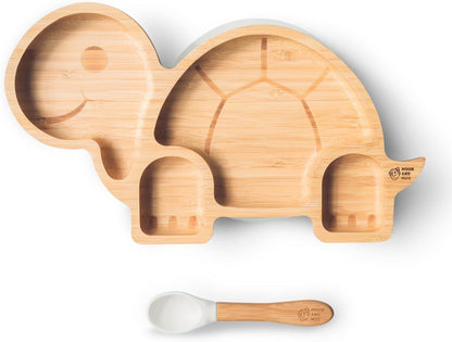 Moon and Moo Conjunto de placa de sucção e colher de bambu tartaruga para crianças, bebês e desmame de bebês - Não tóxico - Sem plástico - Fique no lugar - Placa de sucção de bebê - Conjunto de desmame de bebê (cinza)