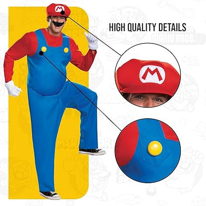 DISGUISE Fantasia oficial de Super Mario Nintendo Deluxe para adulto inclui chapéu e luvas de Mario, fantasia de Halloween para adultos, roupa extravagante para homens