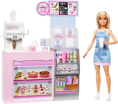 Barbie Conjunto de cafeteria com boneca barista loira e mais de 12 acessórios, incluindo cafeteira e smoothie, comida, xícaras e muito mais, HXN94