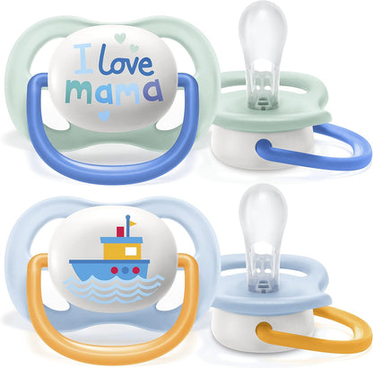 Avent Chupeta Philips Ultra Air, para 0-6 m, ortodôntica e sem BPA, 2 unidades, incluindo esterilizador/estojo de transporte, SCF080/01 Verde claro/Azul escuro e Azul claro/laranja