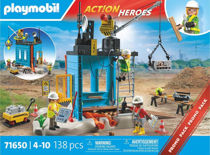 Playmobil 71650 Action Heroes: Construction Site Promo Pack, com três figuras, guindaste móvel e muitos extras adicionais, conjuntos de jogos detalhados adequados para crianças a partir de 4 anos