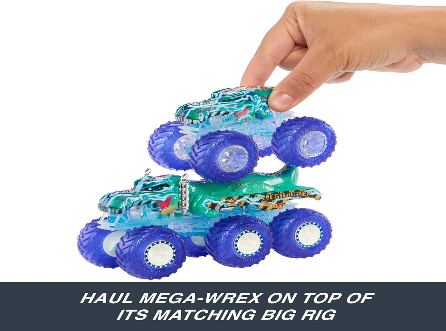 Hot Wheels Monster Trucks Toy Truck & Big Rig Multipack, escala 1:64 Mega-Wrex & Tiger Shark com Big Rigs em Power Smashers Deco correspondente, HYJ29