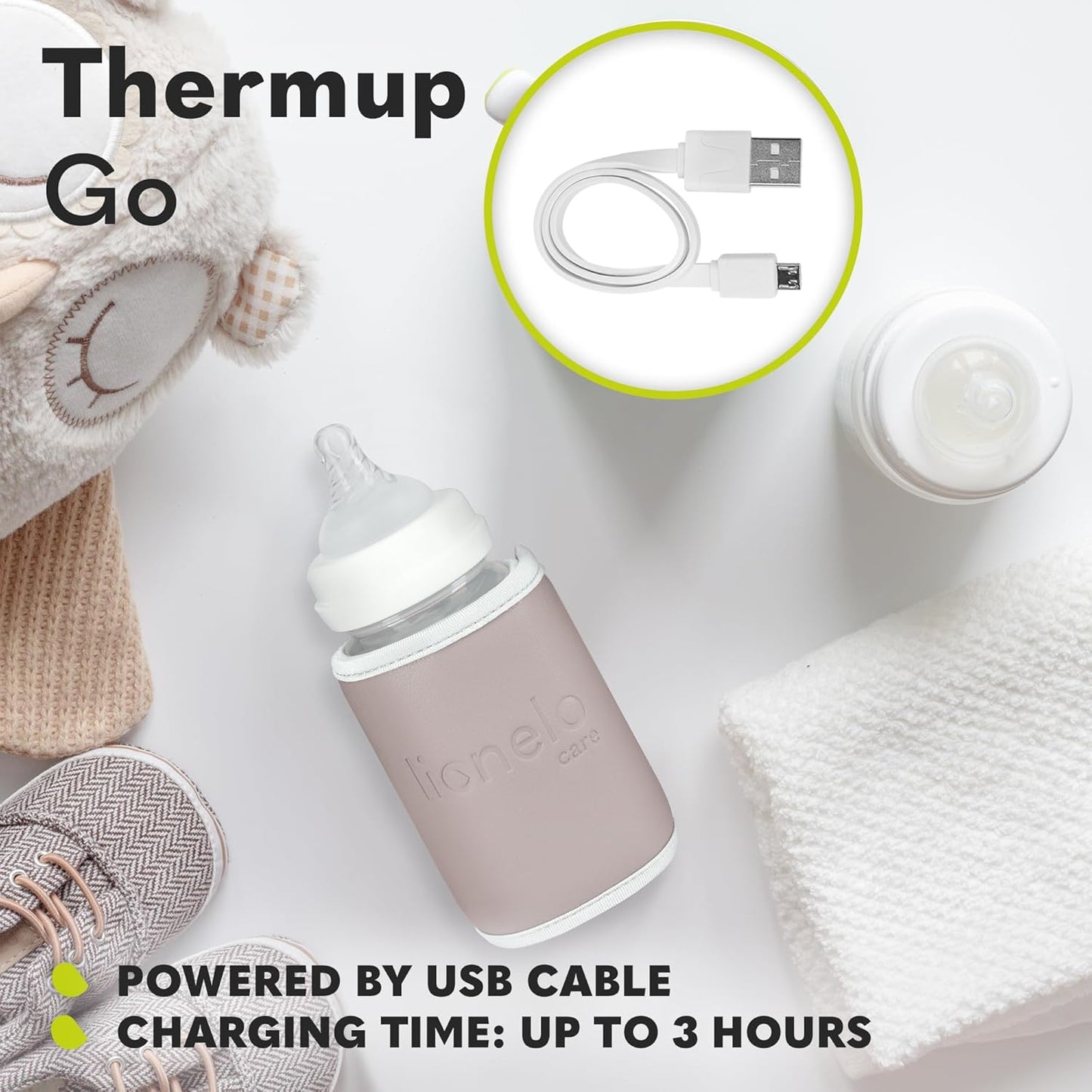 Aquecedor de mamadeiras portátil LIONELO Thermup Go para manter a temperatura, cabo USB alimentado para manter o leite e a comida do bebê aquecidos, aquecedor de mamadeiras para carro para temperatura constante, sem BPA, compacto e leve