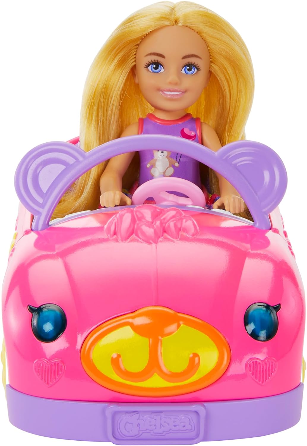 Barbie Conjunto de boneca Chelsea e carrinho de brinquedo com conversível com tema de urso e acessório de urso de pelúcia, boneca pequena loira usa saia removível e sapatos, HXN05