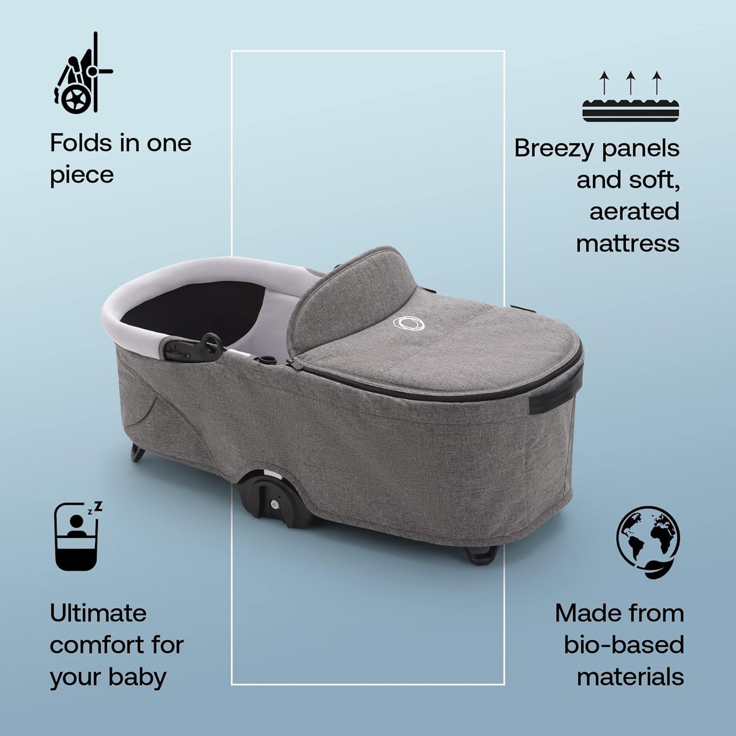 Berço Bugaboo Dragonfly, alcofa com colchão e avental arejados, dobra fácil com uma mão com carrinho de bebê em qualquer posição, carrinho Dragonfly City compatível, melange cinza