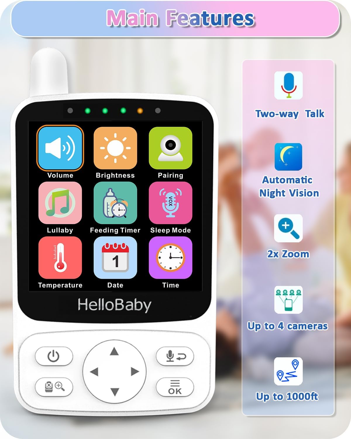 HelloBaby Monitor de bebê, bateria com duração de 29 horas, monitor de bebê com câmera e visão noturna, sem Wi-Fi, câmera remota Pan Tilt de 355 °/120 ° Zoom 2x, modo ECO, exibição de tempo, conversa bidirecional, até 1000 pés, temperatura