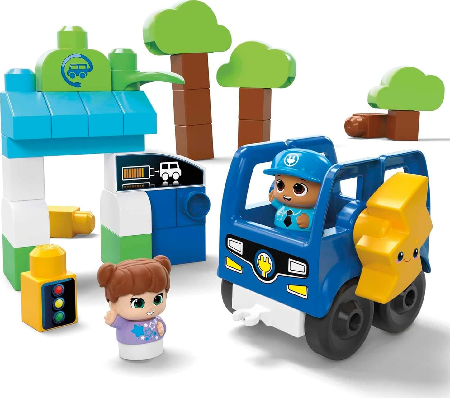 MEGA Blocos de construção infantis BLOKS Fisher-Price, ônibus Green Town Charge & Go com 34 peças, 2 figuras, crianças de 1 ano ou mais