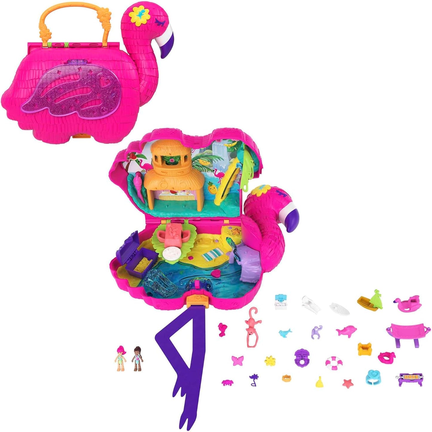 Polly Pocket Flamingo Party Large Compact, 26 surpresas (incluindo bonecas Margot e Friend), recurso Pop & Swap, 4 ou mais