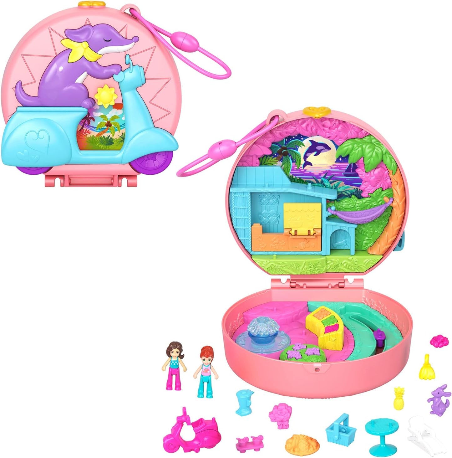 Polly Pocket Dolls e Playset, Adventure Moped Compact, brinquedo de viagem com 2 micro bonecas e acessórios para animais de estimação, animais e veículos