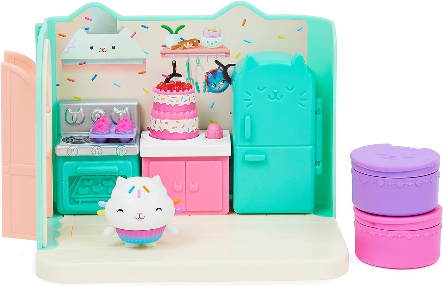Gabby’s Dollhouse Bakey com Cakey Kitchen com figura e 3 acessórios, 3 móveis e 2 entregas, brinquedos infantis para maiores de 3 anos