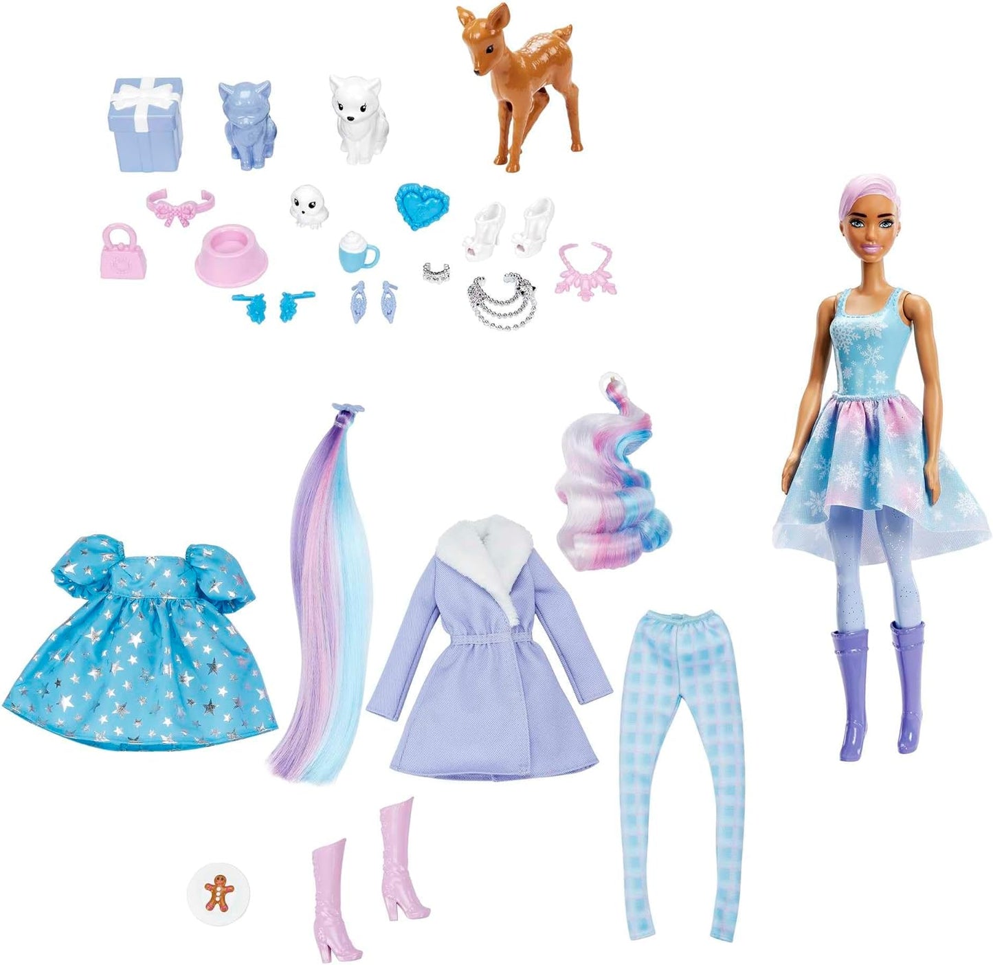 Barbie Calendário do Advento Color Reveal, 1 boneca Color Reveal e 3 animais de estimação, roupas, acessórios e 2 extensões de cabelo, 25 surpresas, presentes de feriado para crianças, HJD60