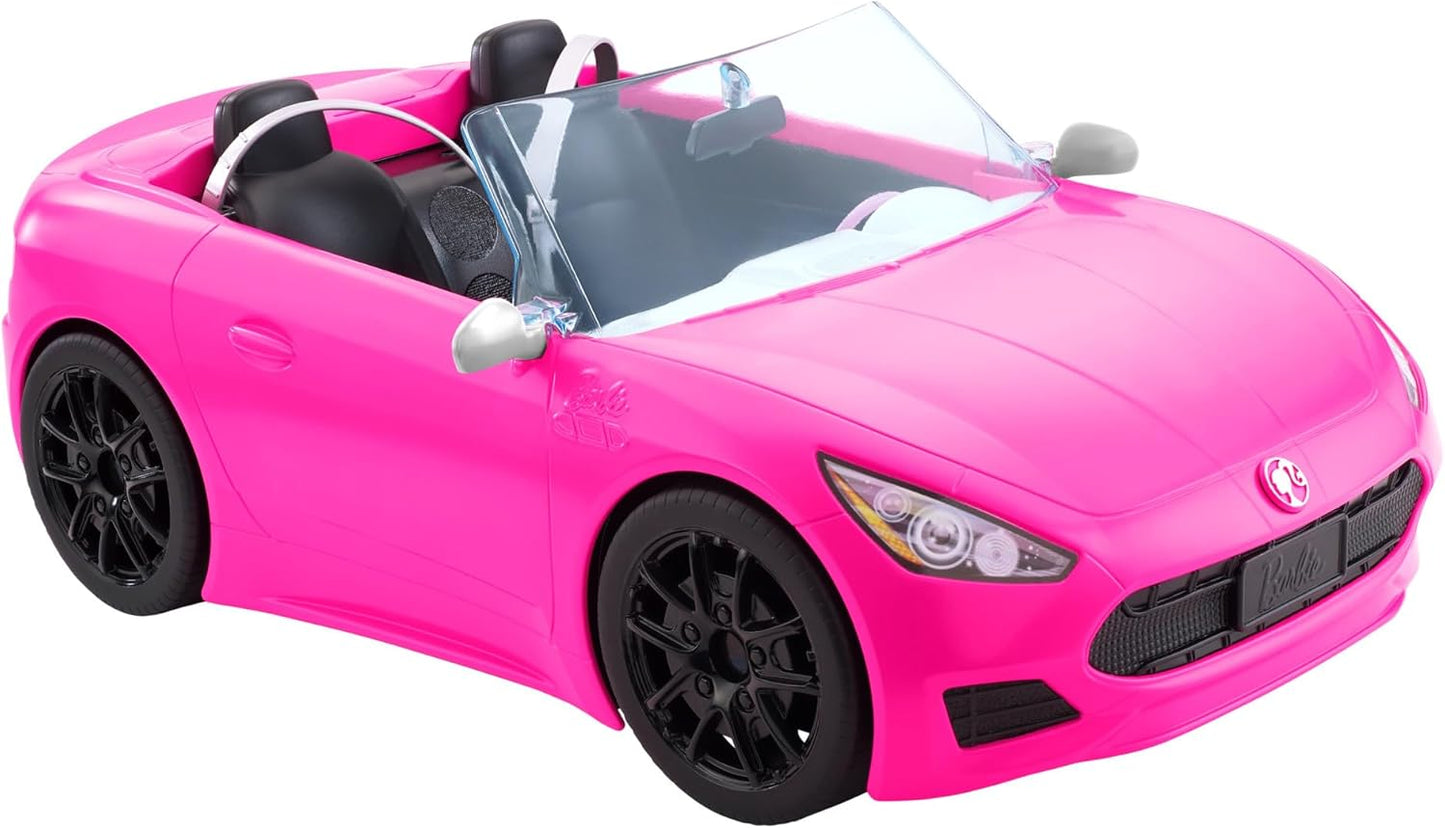 Barbie Veículo conversível de 2 lugares, carro rosa com rodas giratórias e detalhes realistas e boneca e acessórios, conjunto de viagem “Malibu”