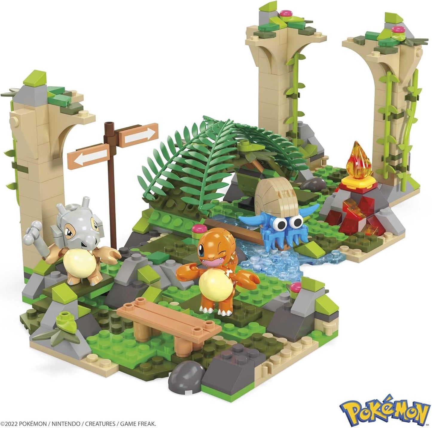 MEGA Conjunto de construção Pokémon Jungle Ruins, figuras de Cubone, Charmander e Omanyte, 464 tijolos e peças compatíveis que se conectam com outros mundos, conjunto de brinquedos para presentes para meninos e meninas