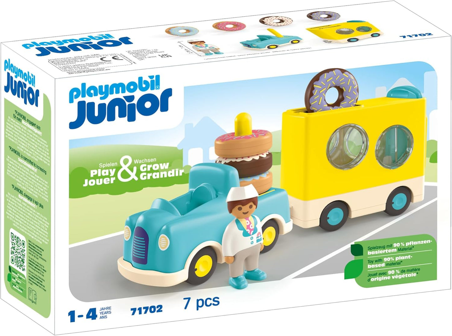 Playmobil 71702 JUNIOR: Crazy Donut Truck com recurso de empilhamento e classificação, brinquedos educativos, feitos de mais de 90% de plásticos à base de plantas, brinquedo para presentear, adequado para crianças de 12 anos