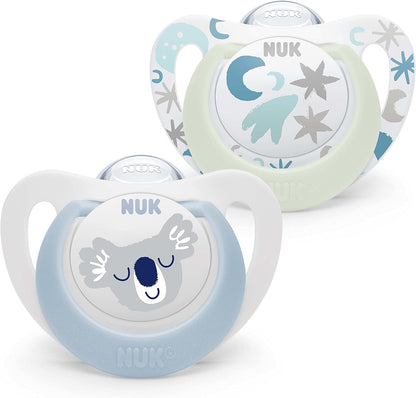 NUK de bebê estrela | 0-6 meses | Chupetas diurnas e noturnas | Silicone sem BPA | Coala Azul | 2 contagem