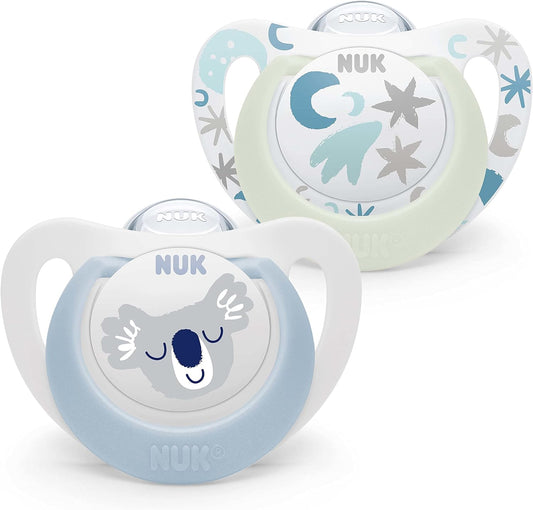 NUK de bebê estrela | 0-6 meses | Chupetas diurnas e noturnas | Silicone sem BPA | Coala Azul | 2 contagem