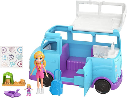 Polly Pocket Van Glamping com tema de acampamento em escala dupla, duas bonecas e acessórios