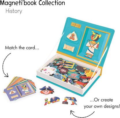 Janod - Magnéti'Book History - Juego educativo de 60 imanes con 12 cartas modelo - Juguete infantil de cartón FSC - Desarrolla la motricidad fina y la imaginación - A partir de 3 años