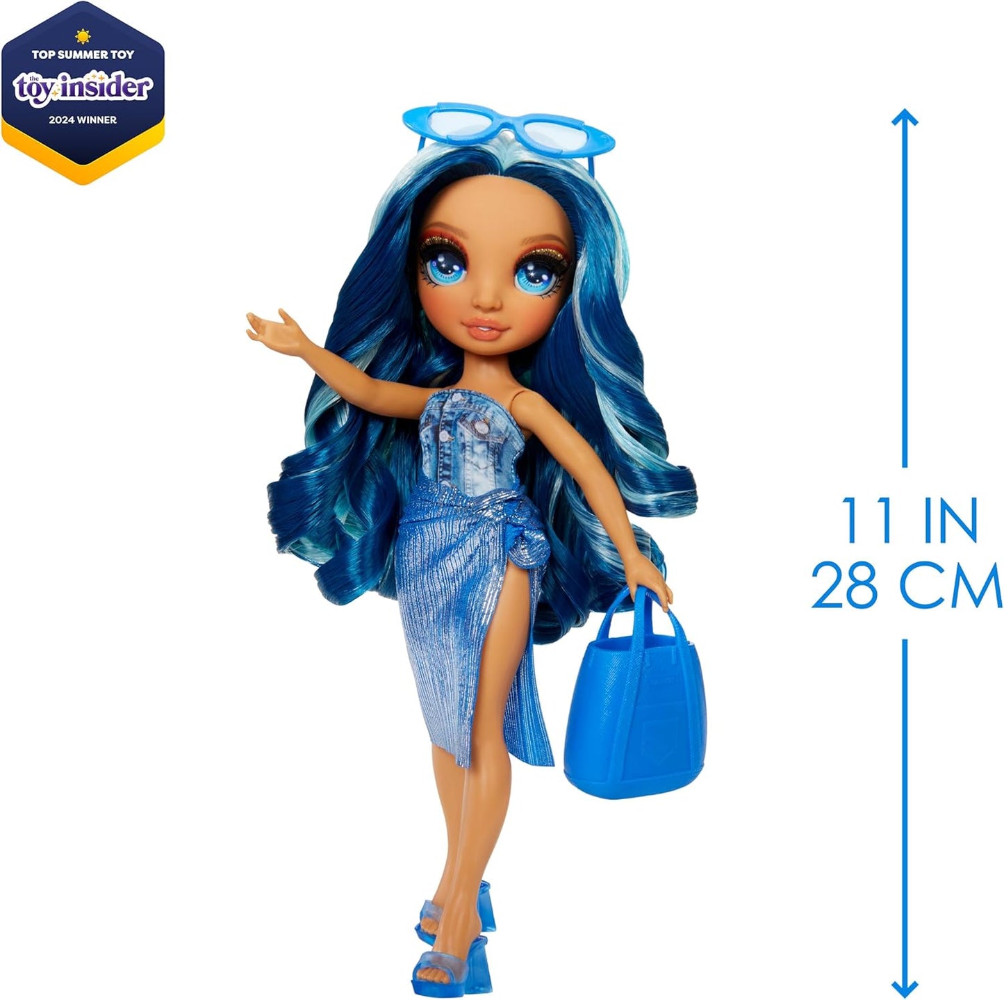 Rainbow High Swim & Style – Skyler (Azul) – Boneca de 28 cm com envoltório cintilante para estilizar mais de 10 maneiras – Maiô removível, sandálias, acessórios divertidos para brincar – Brinquedo infantil – Ótimo para idades de 4 a 12 anos