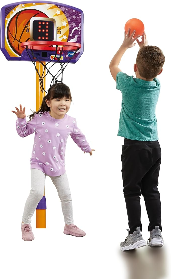 VTech Suporte de basquete Counting Hoops, suporte de basquete ajustável com tabela eletrônica e tela LED, 3 jogos, efeitos sonoros e show de luzes, brinquedo infantil para 3, 4, 5+ anos, versão em inglês