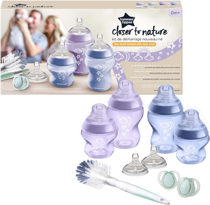 Tommee Tippee Closer to Nature Kit básico de biberón anticólicos para recién nacidos, tetinas similares al pecho para un agarre natural, válvula anticólicos, tamaños mixtos, morado