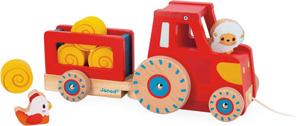 Janod - Trator Pull-Along - Brinquedo de aprendizagem precoce - 1 trator infantil + 6 acessórios - Rodas silenciosas - Desenvolve habilidades motoras - Brinquedo de madeira FSC - 12 meses +